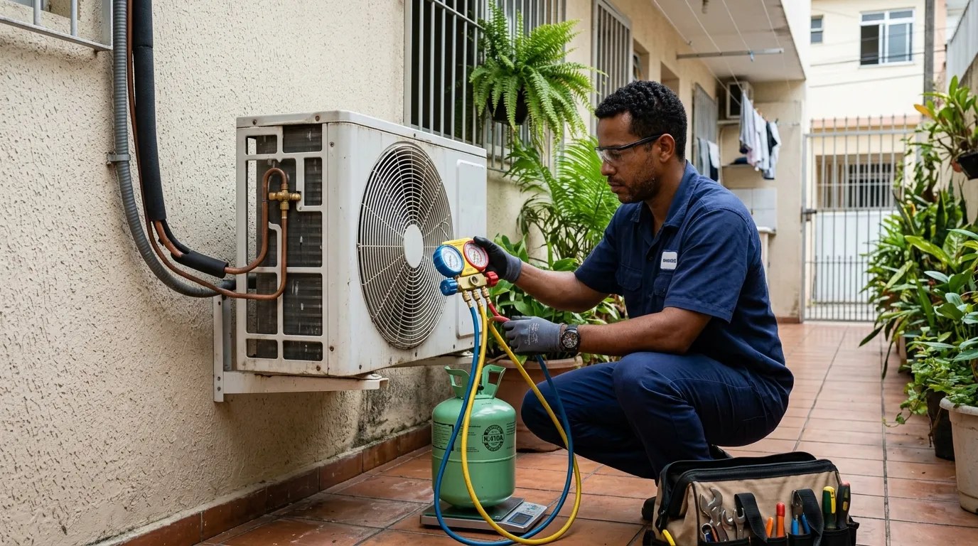 Técnico fazendo carga de gás na condensadora do ar-condicionado em João Pessoa‑PB
