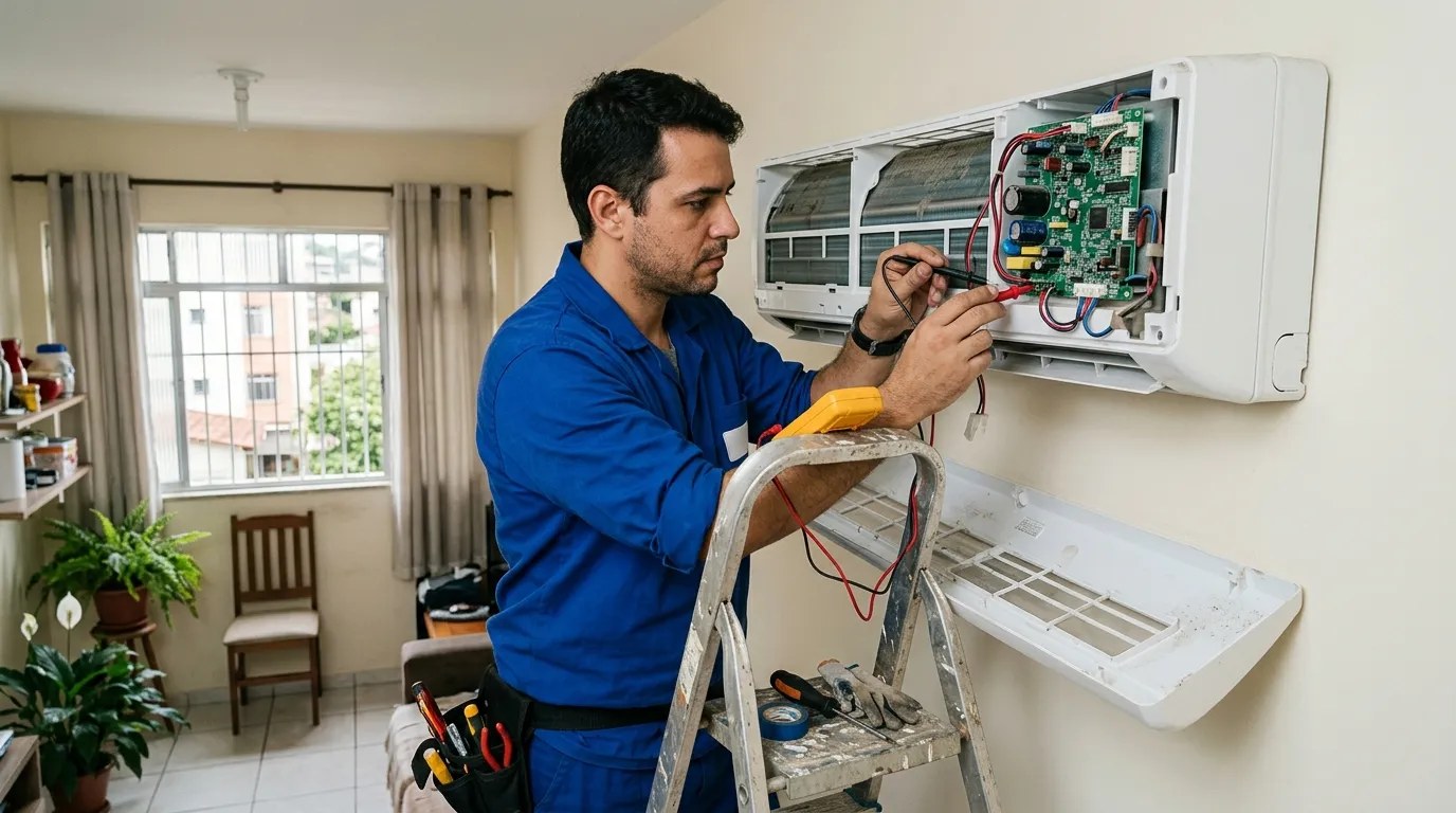 Técnico trocando a placa eletrônica de ar-condicionado split em João Pessoa‑PB