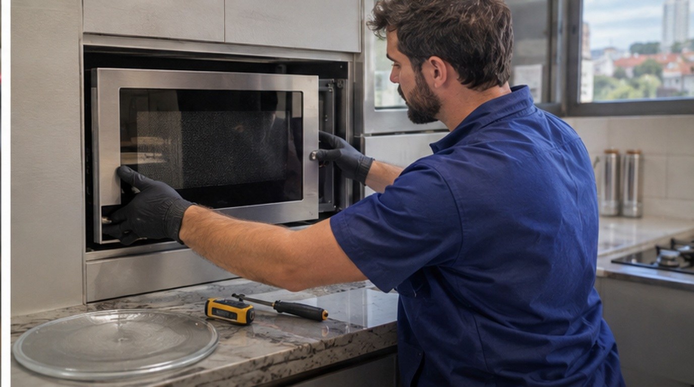 Conserto de micro-ondas de embutir em João Pessoa‑PB: técnico encaixando o aparelho no armário