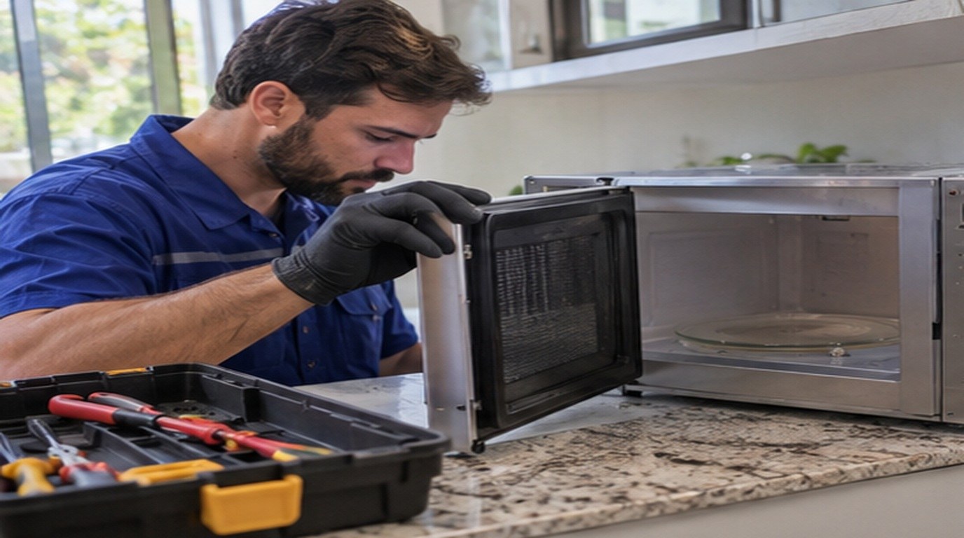Conserto de micro-ondas em João Pessoa‑PB: técnico abrindo um micro-ondas de bancada