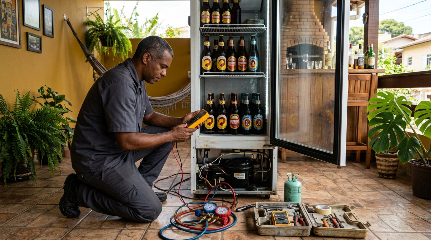 Placa eletrônica de cervejeira em reparo na bancada no Oitizeiro, João Pessoa‑PB