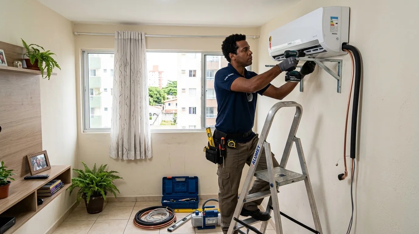 Técnico instalando ar-condicionado split em residência em João Pessoa‑PB