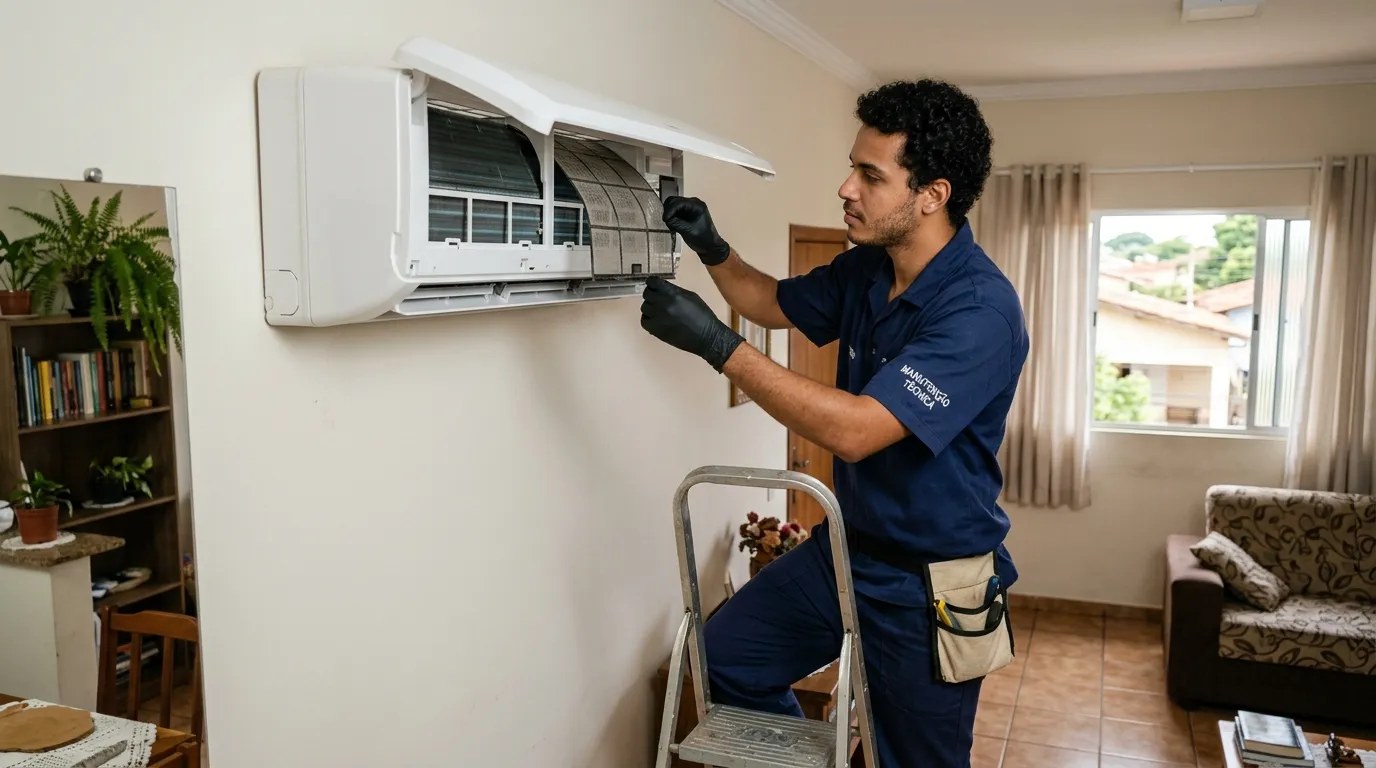 Técnico fazendo limpeza e higienização de ar-condicionado split em João Pessoa‑PB