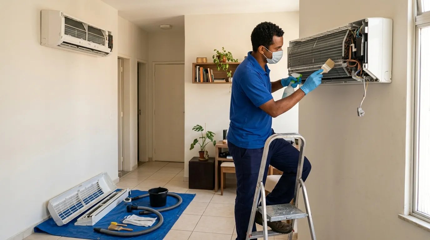 Técnico fazendo manutenção de ar-condicionado split em João Pessoa‑PB