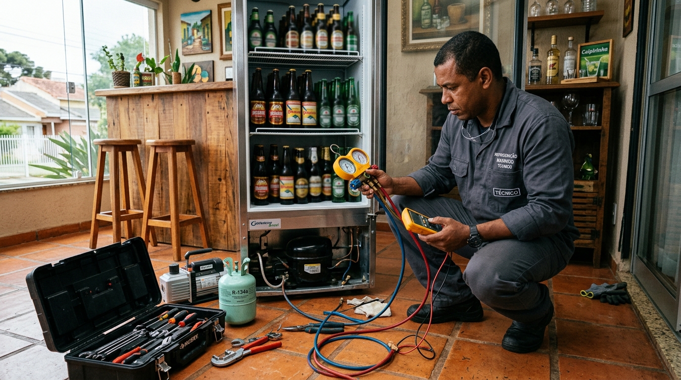 Técnico conferindo a temperatura de uma cervejeira durante atendimento no Oitizeiro, João Pessoa‑PB
