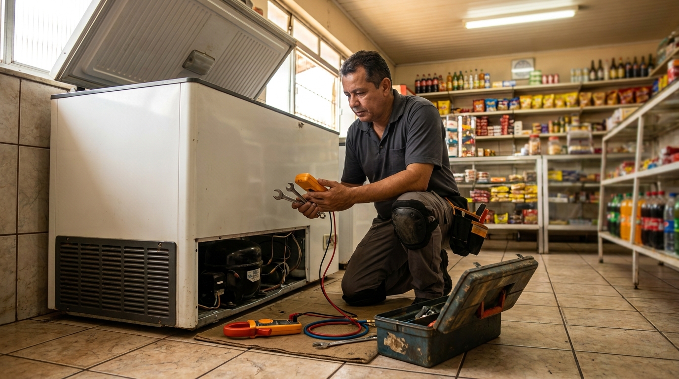 Técnico avaliando um freezer vertical durante atendimento em João Pessoa‑PB
