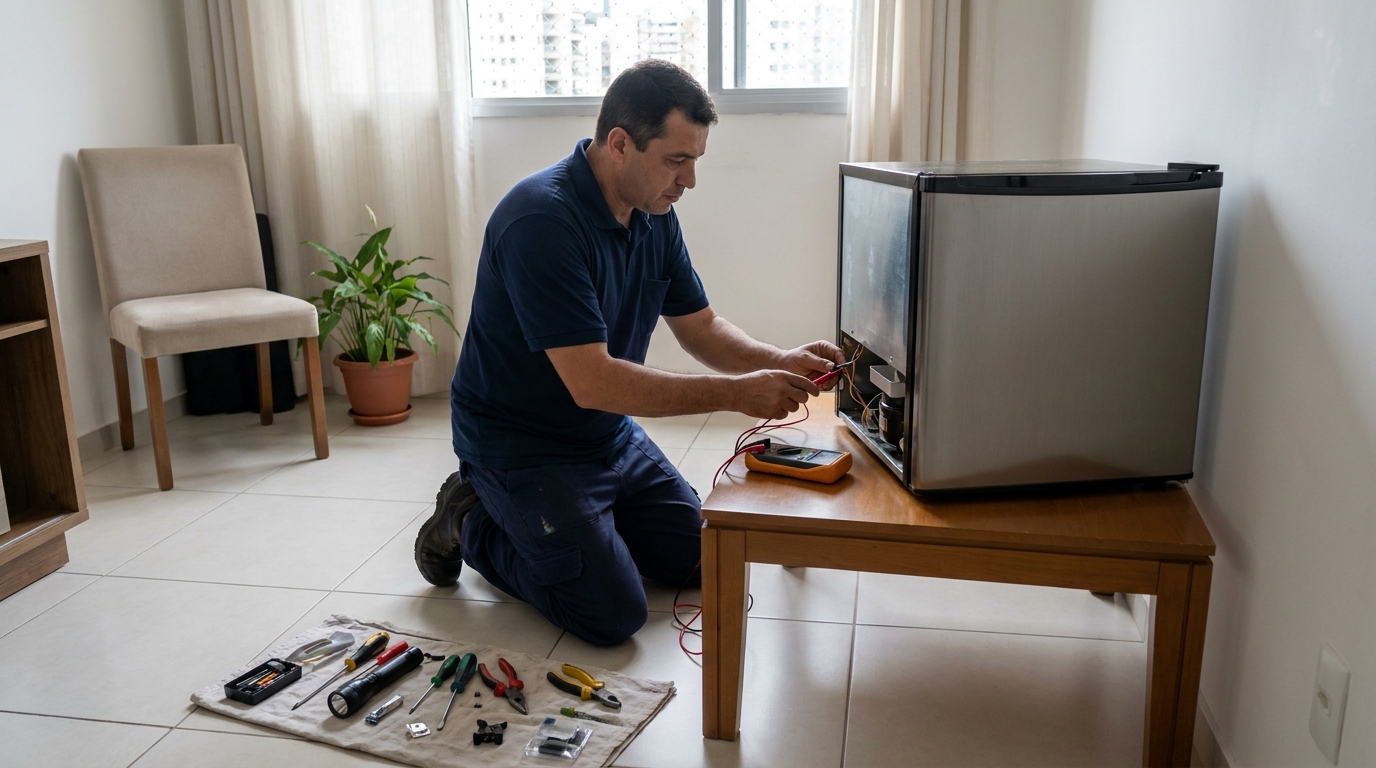 Técnico avaliando um frigobar compacto durante atendimento em João Pessoa‑PB
